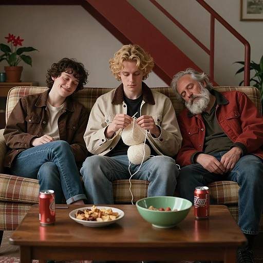 Cozy Gathering on a Plaid Couch