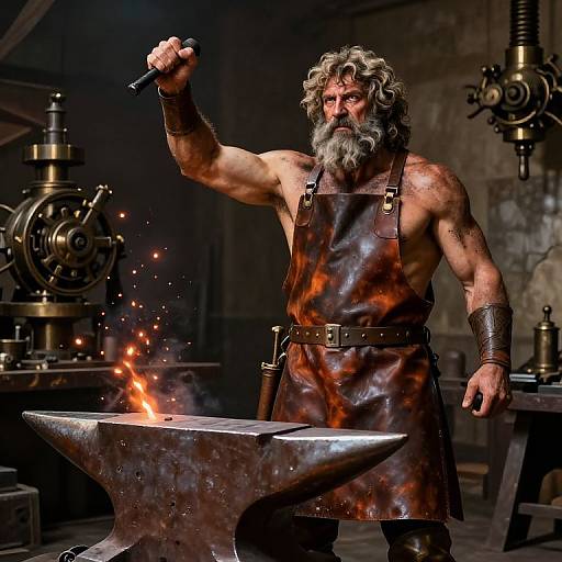 Photograph of a muscular, bearded blacksmith with curly grey hair, wearing a leather apron, raising a hammer, standing in a dimly