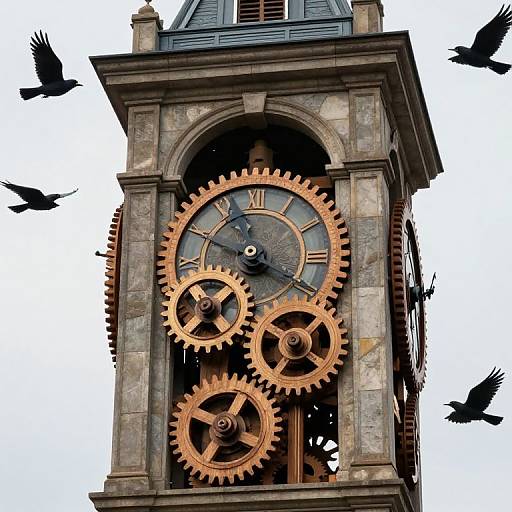 Steampunk-style clock tower with large copper gears, black Roman numerals, and four flying black birds against a white sky.