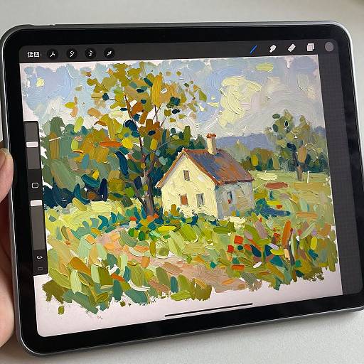 Photograph of a black tablet displaying a vibrant, impressionistic digital painting of a yellow house with colorful trees and foliage.