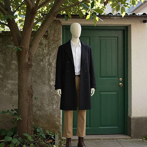 Photograph of a headless, white mannequin in a black coat, white shirt, beige pants, and brown boots, standing in front of