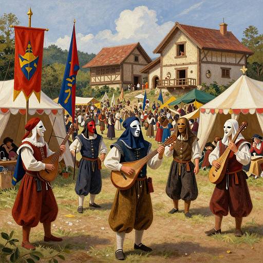 Renaissance Festival Musicians in Traditional Masks and Costumes