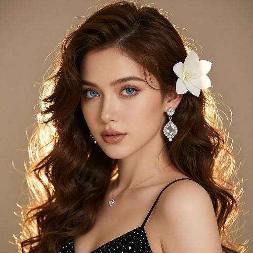 Photograph of a beautiful young woman with blue eyes, long wavy brown hair, white flower in hair, wearing black sequined top, sparkling earrings
