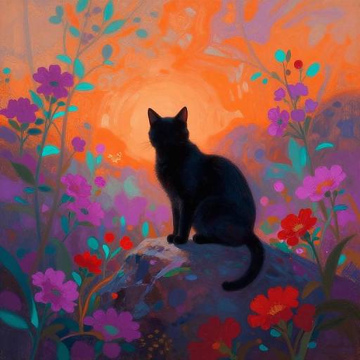 Digital painting of a black cat silhouetted against a vibrant orange sunset, sitting on a rock surrounded by colorful, glowing flowers.