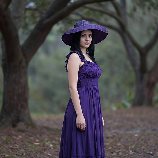 Photograph of a pale-skinned woman with black hair, wearing a dark purple dress and wide-brimmed hat, standing in a forest path with