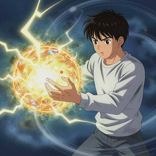 Anime-style drawing of a serious young man with black hair, wearing a white sweater, conjuring a glowing, electric orb with bright yellow lightning against a