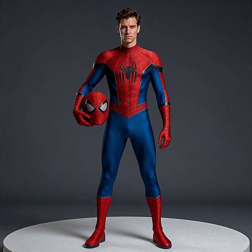 Man in Spider-Man Suit Holding Helmet