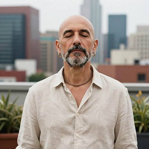 Serene Middle-Aged Man on Urban Rooftop
