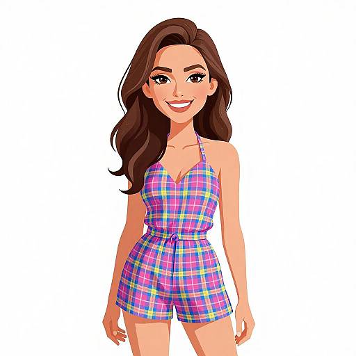Digital cartoon of a smiling woman with long brown hair, wearing a colorful plaid halter romper, standing against a white background.
