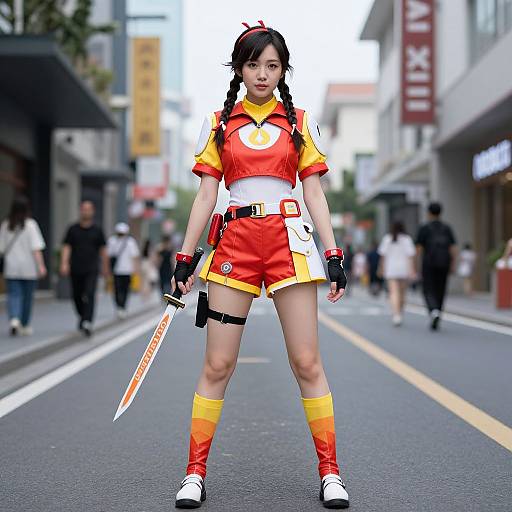 Photograph of an Asian woman cosplaying D.Va from Overwatch, standing on a city street in vibrant red and yellow outfit, holding a sword,