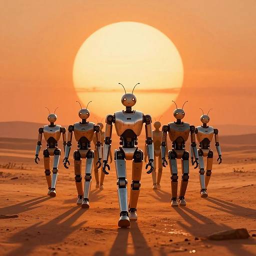 Photograph of four humanoid robots with antennae walking towards a large, bright sun setting over a barren, orange desert. Long shadows stretch across the sandy