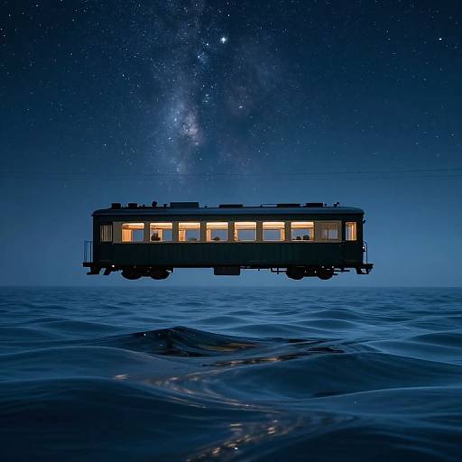 Photograph of a glowing, floating train car on a starlit, cosmic night sky over a calm, blue ocean. Milky Way visible.