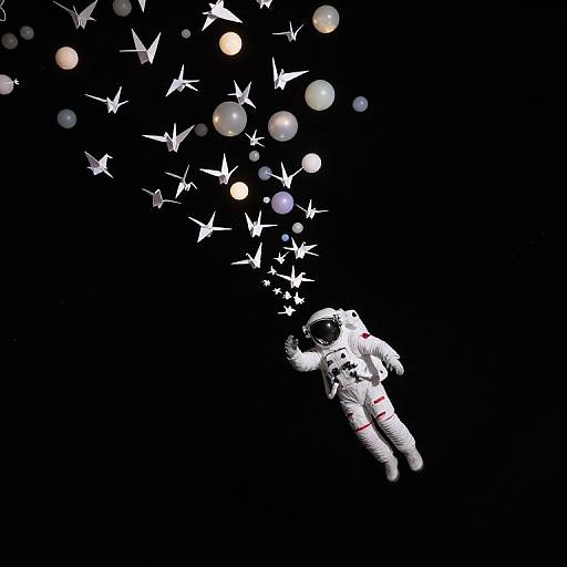 Digital artwork of an astronaut floating in space, reaching up towards a cascade of white butterflies and glowing orbs against a black background.