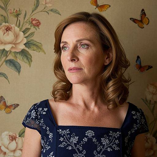 Photograph of a middle-aged woman with light brown, wavy hair, wearing a navy floral dress, looking thoughtfully to the side, against a
