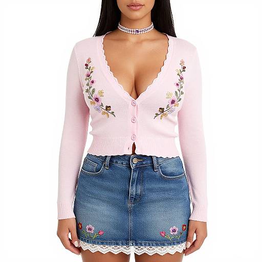 Photograph of a woman with long black hair, wearing a white floral cardigan, deep V-neck, blue denim skirt with lace trim, and a