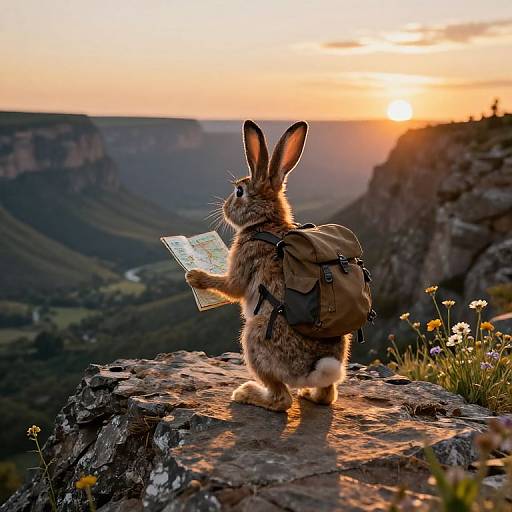 Photograph of a brown rabbit with a backpack and map, standing on a rocky cliff, gazing at a sunset over a valley.