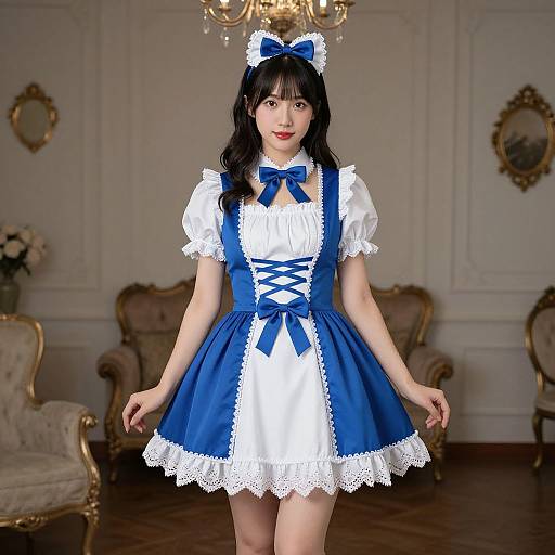 Photograph of an Asian woman in a blue and white French maid costume with a bow headpiece, standing in a luxurious, ornate room with vintage
