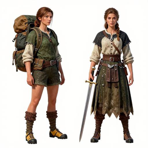 Photorealistic CGI of two young women in medieval fantasy attire: one with a backpack, shorts, and boots, the other with a sword, longer