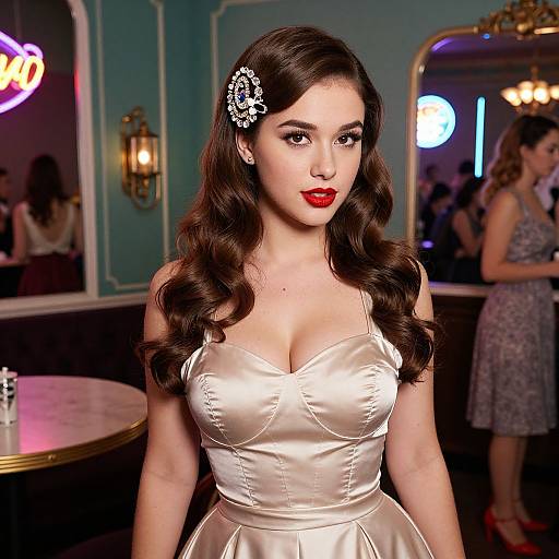 Photograph of a fair-skinned woman with red lipstick, wavy dark brown hair, and a white satin strapless dress, adorned with a floral
