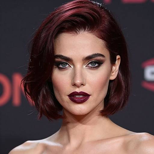 Photograph of a woman with pale skin, dark red bob haircut, bold dark eye makeup, and deep maroon lipstick, against a black background.