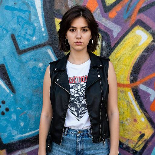 Young woman with short dark hair, wearing a black leather vest, white graphic tee, and blue jeans, stands against vibrant graffiti.