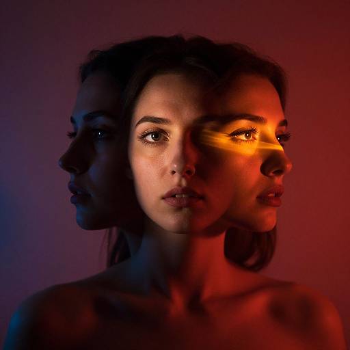 Photograph of a woman with dual light effects: her face illuminated by red and blue lights, creating a dramatic, shadowy portrait.