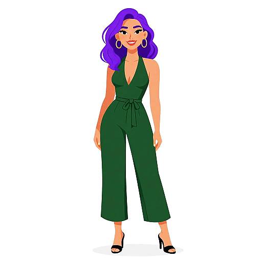 Digital illustration of a confident woman with vibrant purple hair, wearing a green halter jumpsuit, black high heels, and large hoop earrings. She stands