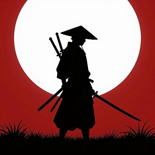 Samurai Silhouette with Swords and Conical Hat