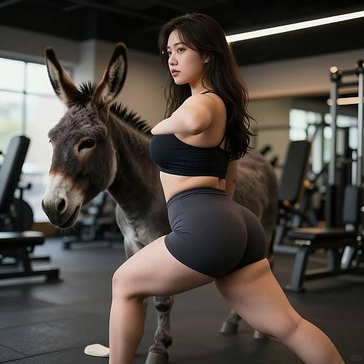 Photograph of a fit, Asian woman with long black hair, wearing a black sports bra and shorts, standing confidently beside a donkey in a modern