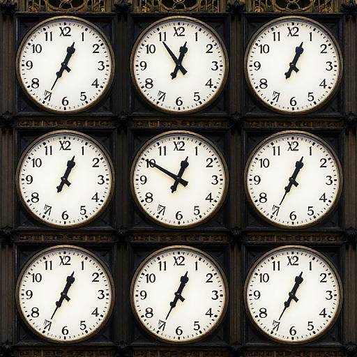 Photograph of a vintage clock wall with nine large, illuminated white clocks showing different times, all with black hands and numbers.