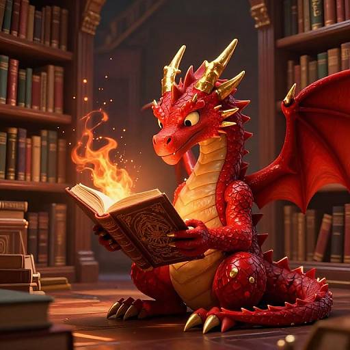 Whimsical Dragon Reading in Library