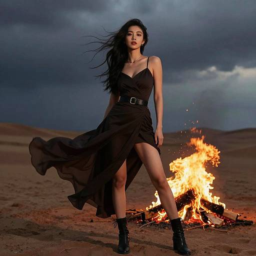 Confident woman in black dress by desert bonfire