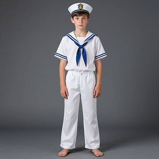 Photograph of a young boy in a white sailor uniform with blue trim, blue neckerchief, white cap, and bare feet, standing against a