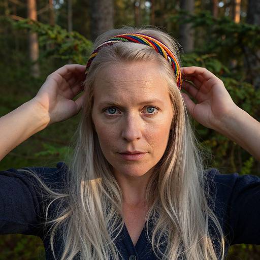 Photograph of a fair-skinned woman with long blonde hair, wearing a multicolored headband, black shirt, standing in a forest, hands