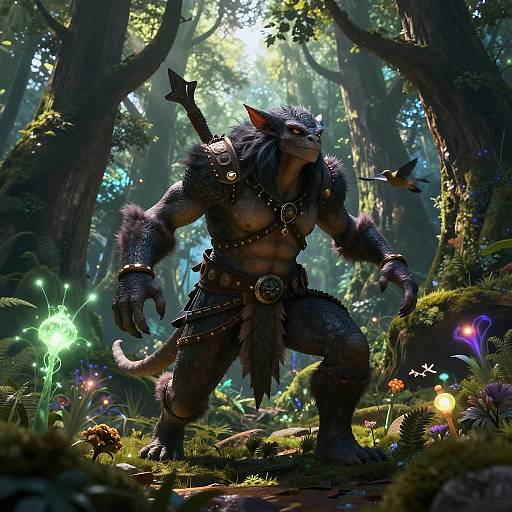 Digital art of a muscular, furry, gray wolf-man warrior in dark leather armor, standing in a mystical, glowing forest with sunlight filtering through trees.