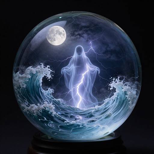 Digital art: Ethereal ghost with glowing lightning silhouette standing in turbulent ocean waves within a glass snow globe, under a full moon.