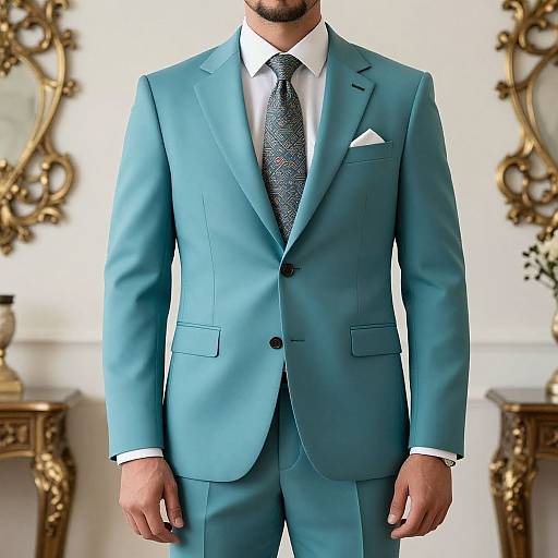 Photograph of a man in a light blue suit with a white shirt and patterned tie, standing in an elegant, ornately decorated room.