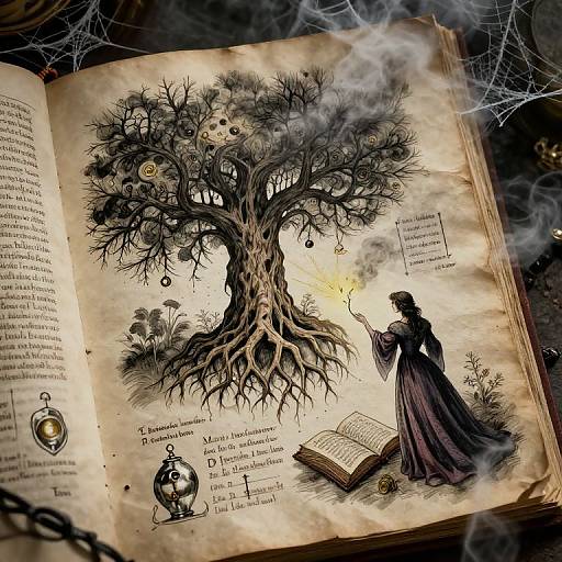 Illustration of a dark, mystical tree with eyes and hanging orbs, drawn in black ink on an aged, open book. A cloaked figure holds
