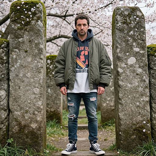Man in Urban Fashion Amid Cherry Blossoms