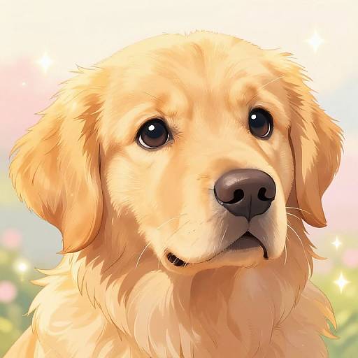 Digital illustration of a golden retriever with soft, golden fur, large black eyes, and a gentle expression, set against a blurred, colorful background.