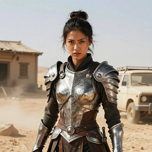 Fierce Woman in Silver Armor in Desert