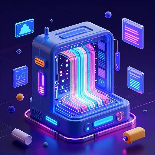 Neon-lit, futuristic device with glowing blue and pink lines, surrounded by floating digital screens and colorful objects on a black background. Digital art.