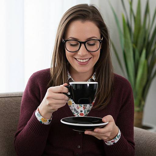 Photograph of a smiling woman with brown hair, black glasses, and maroon cardigan, holding a black teacup on a white saucer