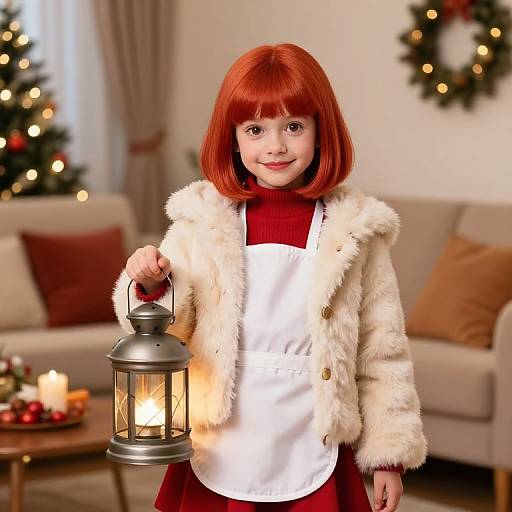 Photograph of a young girl with red bob haircut, wearing a white apron and fluffy cream jacket, holding a lantern in a festive, warmly lit