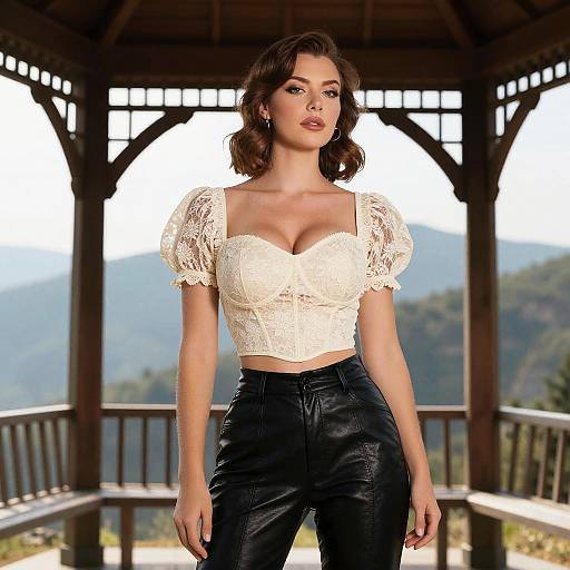 Photograph of a confident woman with wavy brown hair, wearing a white lace crop top and black leather pants, standing in a rustic wooden gazebo