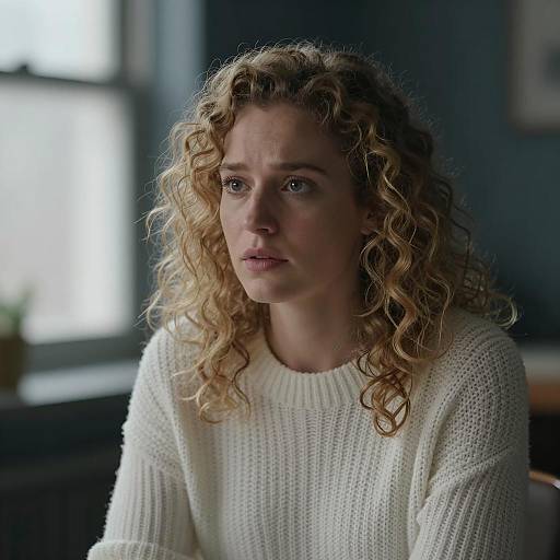 Concerned Woman in Dimly Lit Room