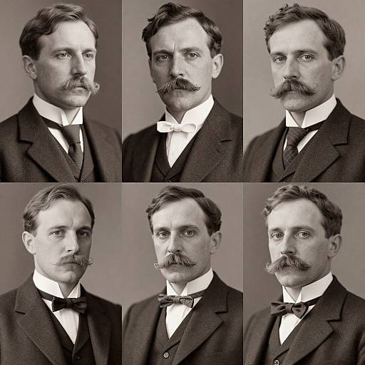 Black-and-white photographic collage of six identical portraits of a mustachioed man in a dark suit, white shirt, and bow tie, with varied