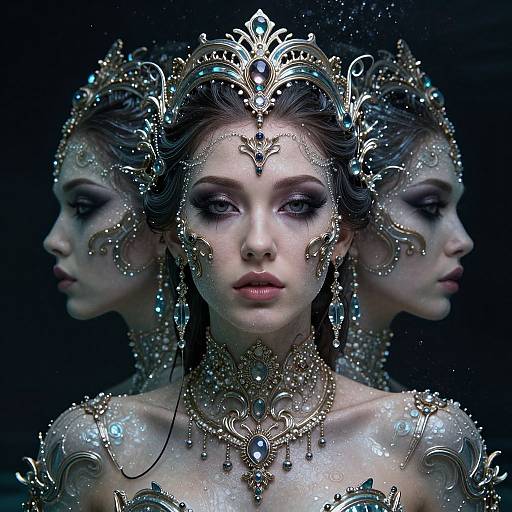 Digital art of a pale-skinned woman with dark hair, wearing elaborate silver and pearl jewelry, with mirrored profiles in the background. Ethereal, dark