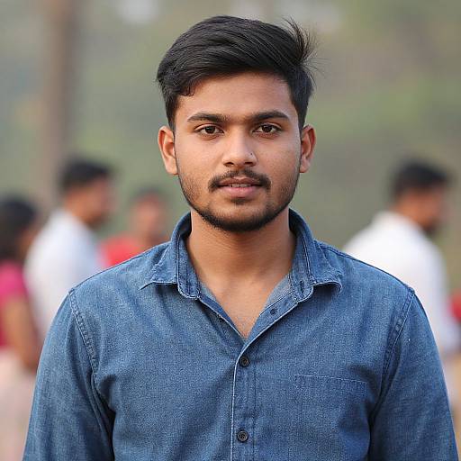 Photograph of a young Indian man with dark hair and mustache, wearing a blue denim shirt, standing outdoors with blurred background of people.