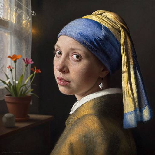 Photorealistic digital painting of a woman with fair skin, blue and yellow headscarf, pearl earrings, looking over her shoulder, near a window